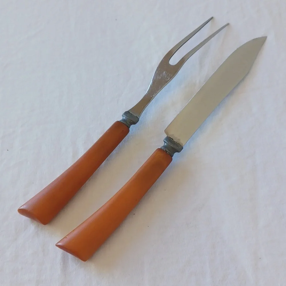 2 PIECE SET Vintage Bakelite Carving Knife & Fork Stainless Steel Butterscotch